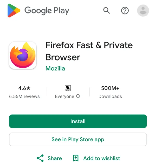 Google Play's page for Firefox Fast & Private Browser, by Mozilla, with its green "Install" button.