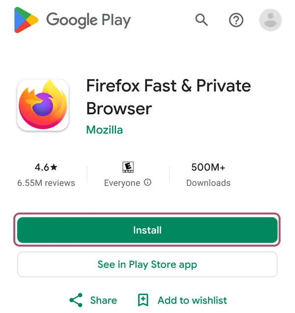 Firefox's page in Google Play. The green "Install" button is outlined.
