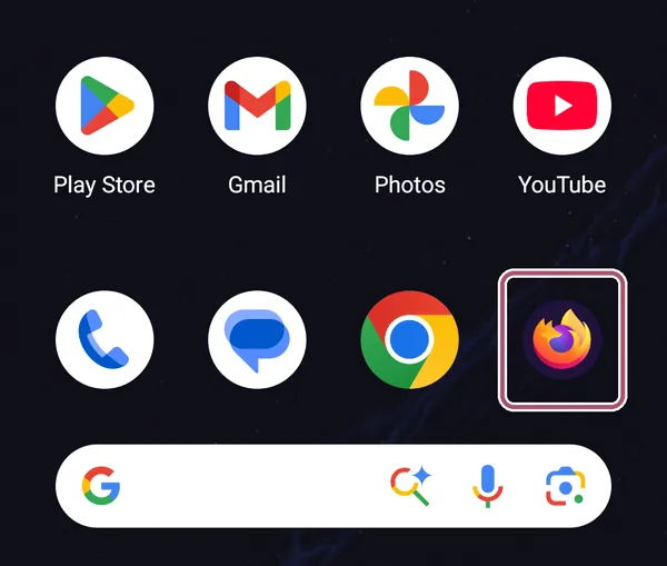 The Firefox app icon, a purple and orange globe with a fox, among the phone's apps. It is outlined.