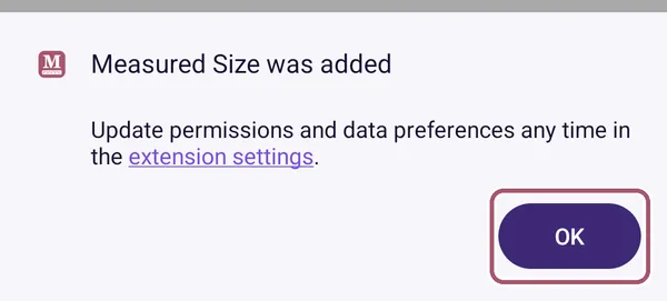 Firefox says "Measured Size was added". The "OK" button is outlined.