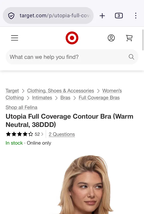 A bra's page at Target in Firefox on a phone.