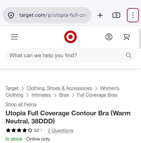 The top of Firefox on a phone. The three-dots menu button is outlined.