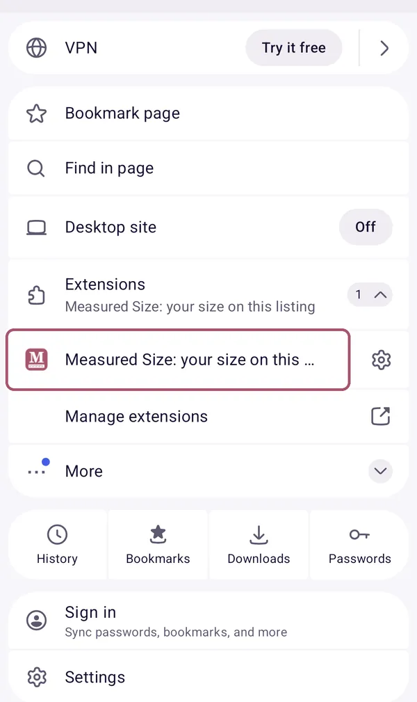The Extensions part of the menu, opened. "Measured Size: your size on this listing" is outlined.