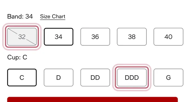 Macy's band and cup buttons, with band 32 and cup DDD outlined by Measured Size.