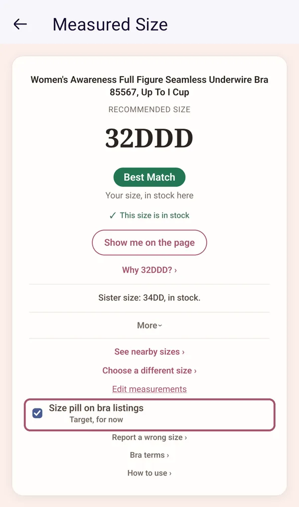 The card with More open. "Size pill on bra listings", ticked, is outlined.