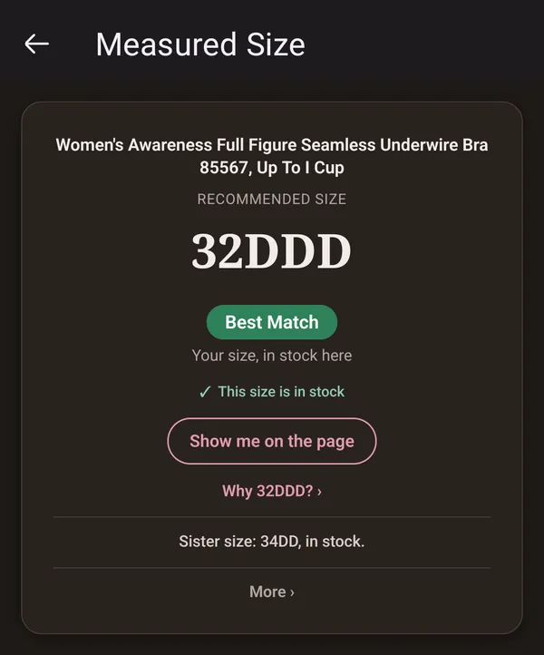 The Measured Size card in dark mode on a phone: "Recommended size" 32DDD and "Best Match" on a dark background.