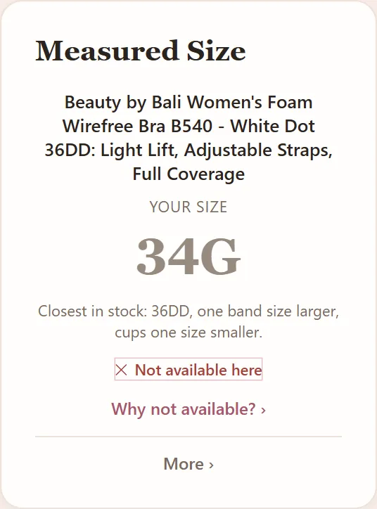 A Measured Size card: "Your size" 34G greyed, then "Closest in stock: 36DD, one band size larger, cups one size smaller." and "Not available here".