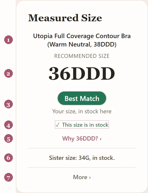 A real Measured Size card on a Target bra, with numbers 1 to 7 on its parts: the bra's name, the recommended size 36DDD, the rating Best Match with its words, "Your size, in stock here", the stock line, Why 36DDD, the sister size, and More.