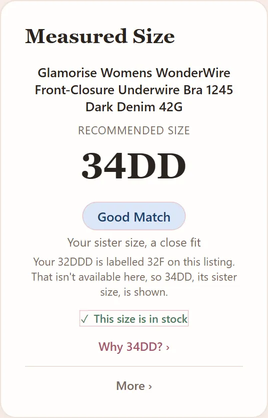 A Measured Size card on a Glamorise bra: "Recommended size" 34DD, "Good Match", "Your sister size, a close fit", and the line "Your 32DDD is labeled 32F on this listing. That isn't available here, so 34DD, its sister size, is shown.", then the stock line.