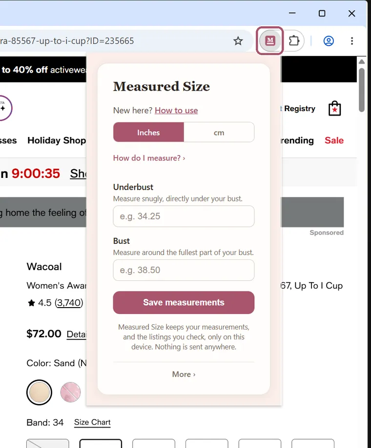 The Measured Size box open below its button, with "New here? How to use" and "How do I measure?". The M button is outlined.