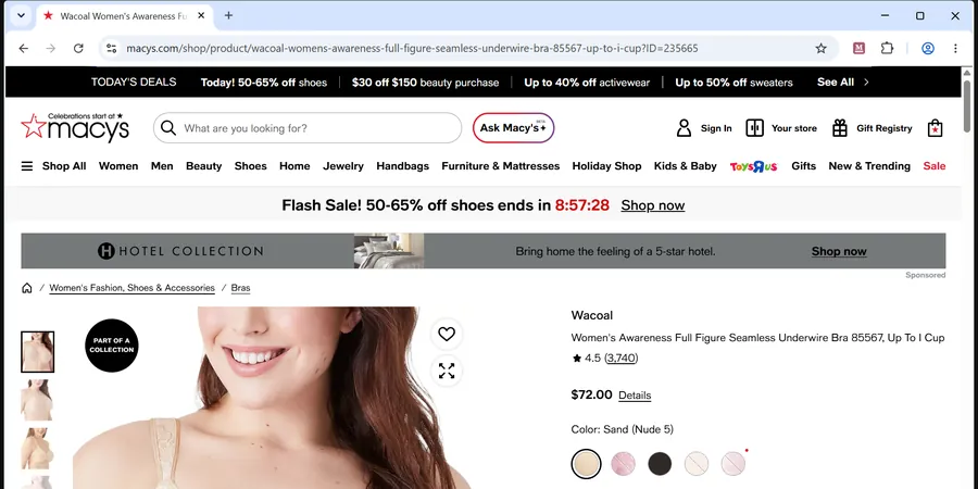 A bra's page at Macy's in Chrome, with the pink M button at the top right.