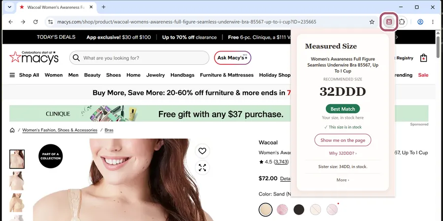The Measured Size box open over the bra's page at Macy's, showing a size. The M button is outlined.