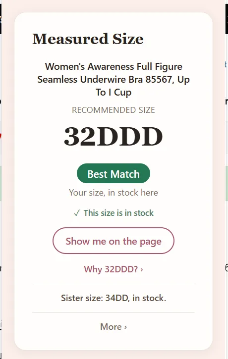 The Measured Size box: the bra's name, "Recommended size" 32DDD, "Best Match", "Your size, in stock here", "This size is in stock" and "Show me on the page".