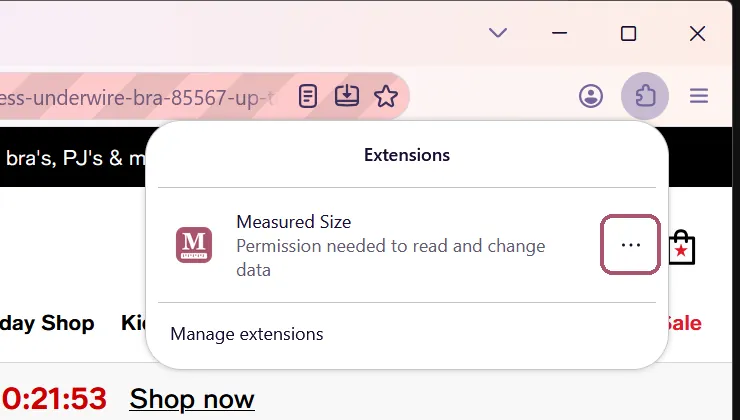 Firefox's Extensions list, with Measured Size in it, "Permission needed to read and change data". The three dots beside it are outlined.