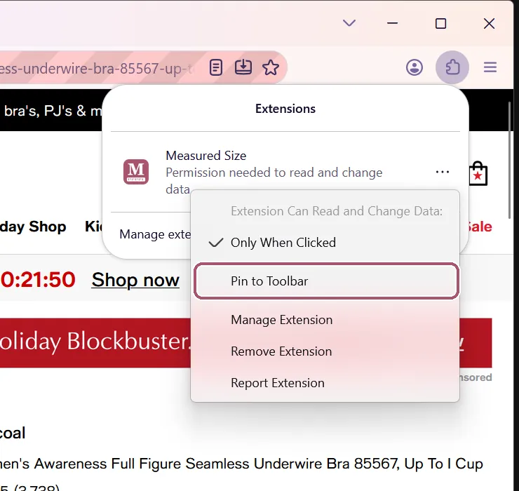 The menu of the three dots, with "Only When Clicked" ticked. "Pin to Toolbar" is outlined.