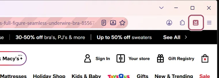 The top right of Firefox, with the pink M button on the toolbar. It is outlined.