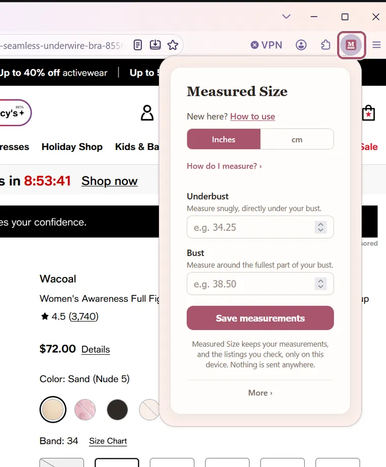The Measured Size box open below its button in Firefox, with "New here? How to use" and "How do I measure?". The M button is outlined.