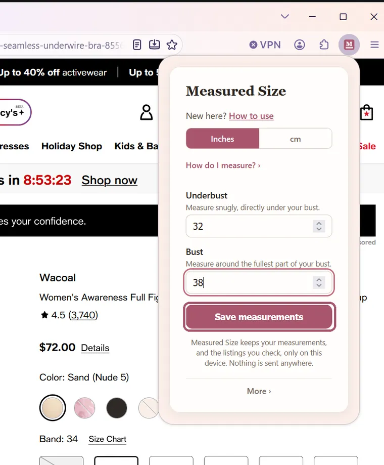 The same box. The "Save measurements" button is outlined.