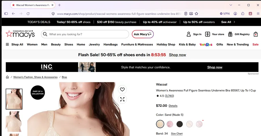 A bra's page at Macy's in Firefox, with the pink M button at the top right.