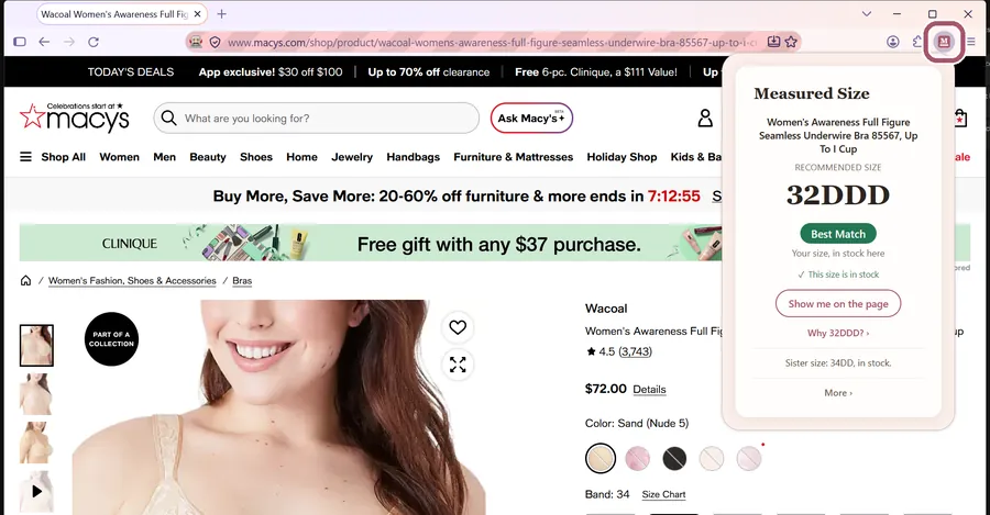 The Measured Size box open over the bra's page at Macy's in Firefox, showing a size. The M button is outlined.