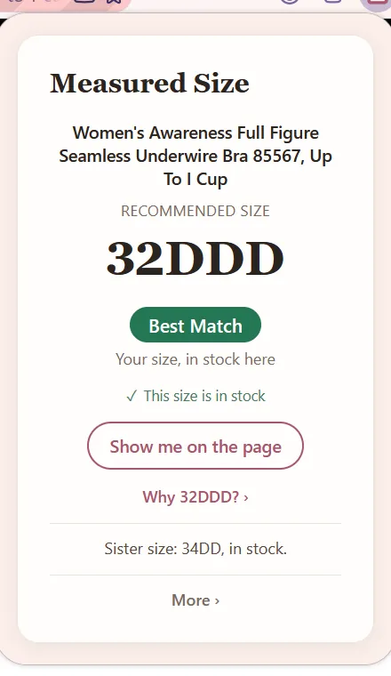 The Measured Size box: the bra's name, "Recommended size" 32DDD, "Best Match", "Your size, in stock here", "This size is in stock" and "Show me on the page".