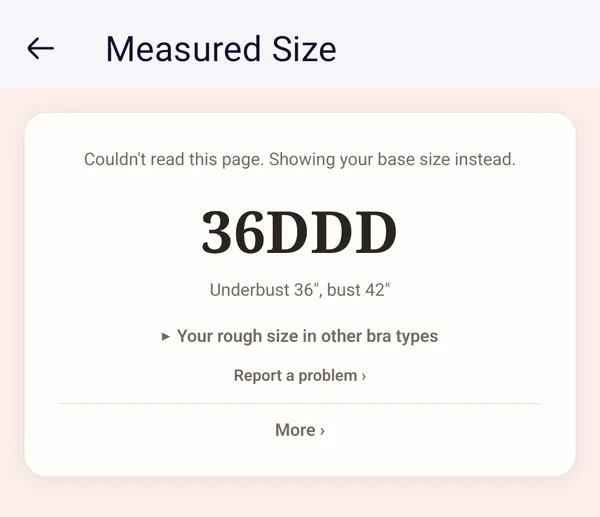A Measured Size card that says "Couldn't read this page. Showing your base size instead.", with the base size under it.