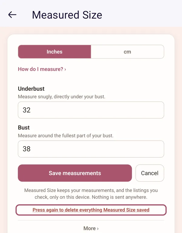 Measured Size's measurements screen after the first press: "Press again to delete everything Measured Size saved" is outlined at the bottom.