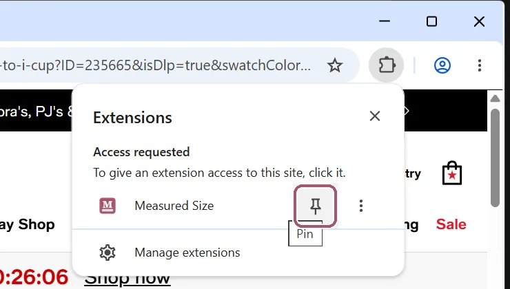 Chrome's Extensions list from the puzzle-piece button, with Measured Size in it and the pin beside it outlined.