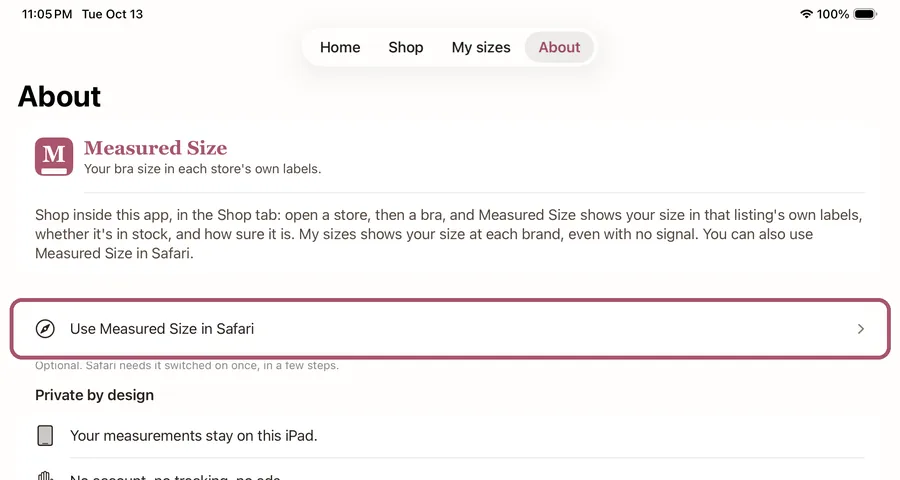 About in the Measured Size app. "Use Measured Size in Safari" is outlined.