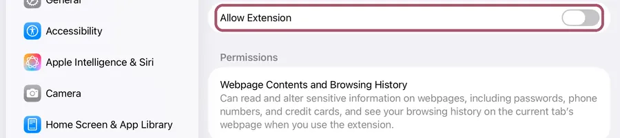 Measured Size's settings in Safari. The "Allow Extension" switch, still off, is outlined.