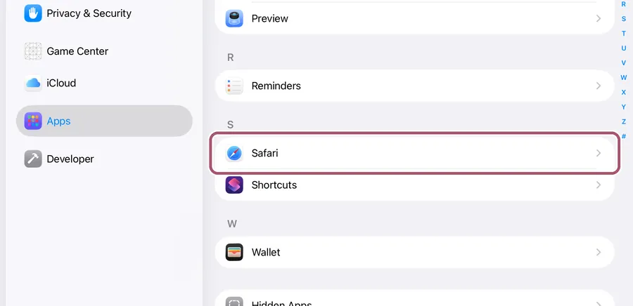 The list of apps in Settings, at S. The "Safari" row is outlined.