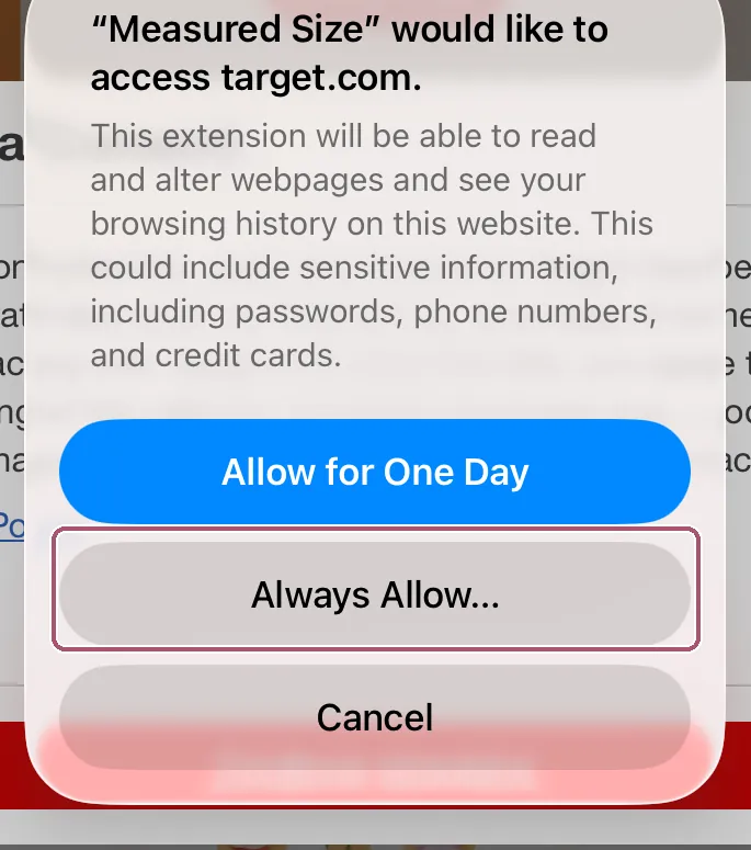 Safari asks whether Measured Size may access target.com. "Always Allow…" is outlined.