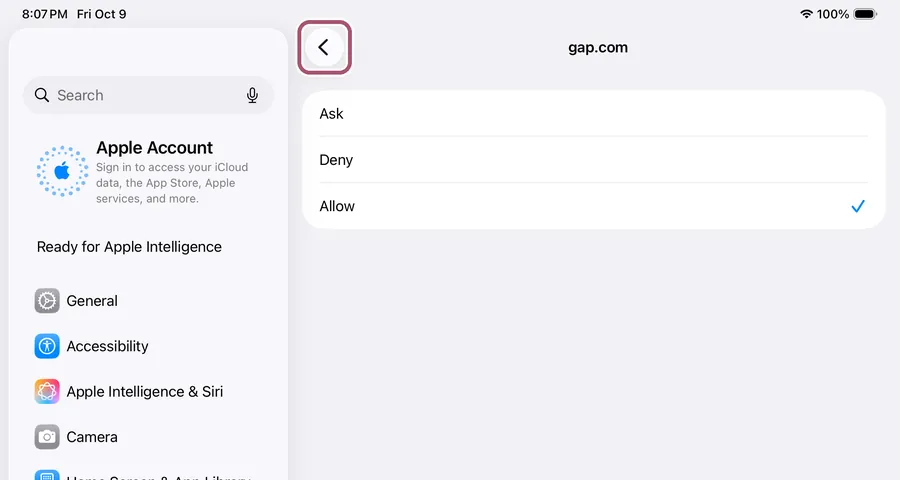 gap.com set to Allow, with a check mark. The back arrow is outlined.