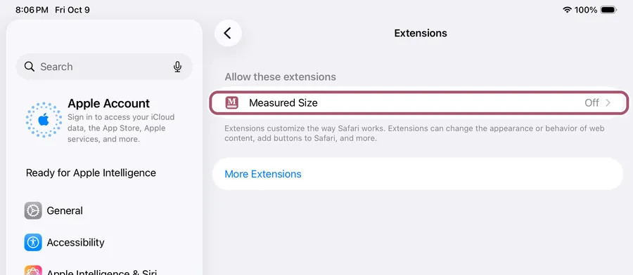 Safari's Extensions settings, listing Measured Size as Off. Its row is outlined.