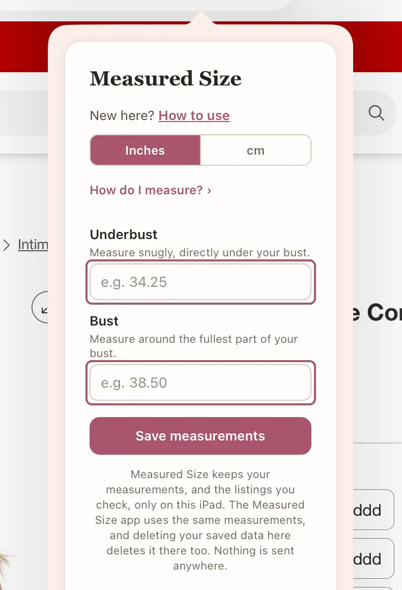 Measured Size in Safari asking for underbust and bust. The two boxes are outlined.