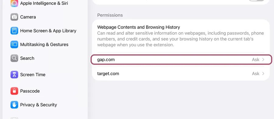 The lower part of Measured Size's settings. The "gap.com" row, set to Ask, is outlined.