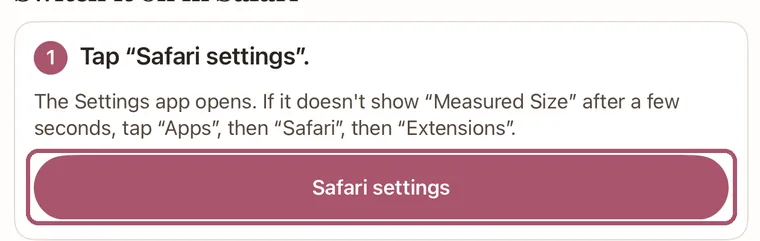 The app's first Safari step, "Tap Safari settings", with its "Safari settings" button outlined.