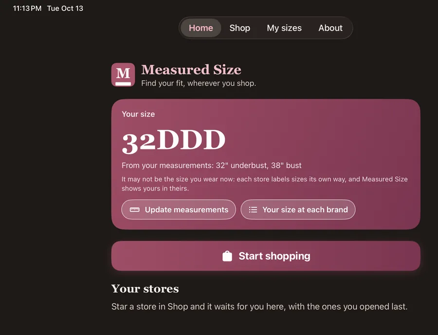 Home in dark mode: "Your size" 32DDD on a dark background.