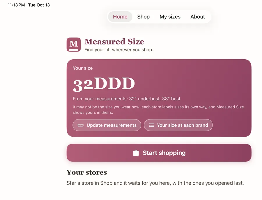 Home: "Your size" 32DDD, with "Update measurements", "Your size at each brand" and "Start shopping".