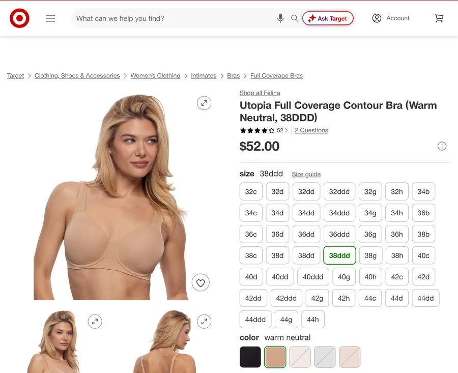 A bra's page at Target in Safari on an iPad.