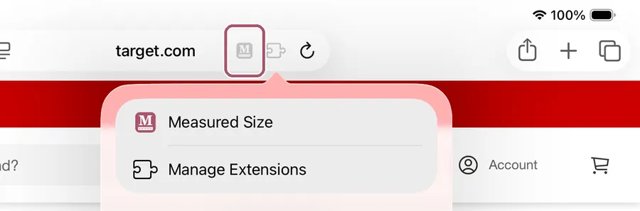 Safari's menu. The "Measured Size" row is outlined.
