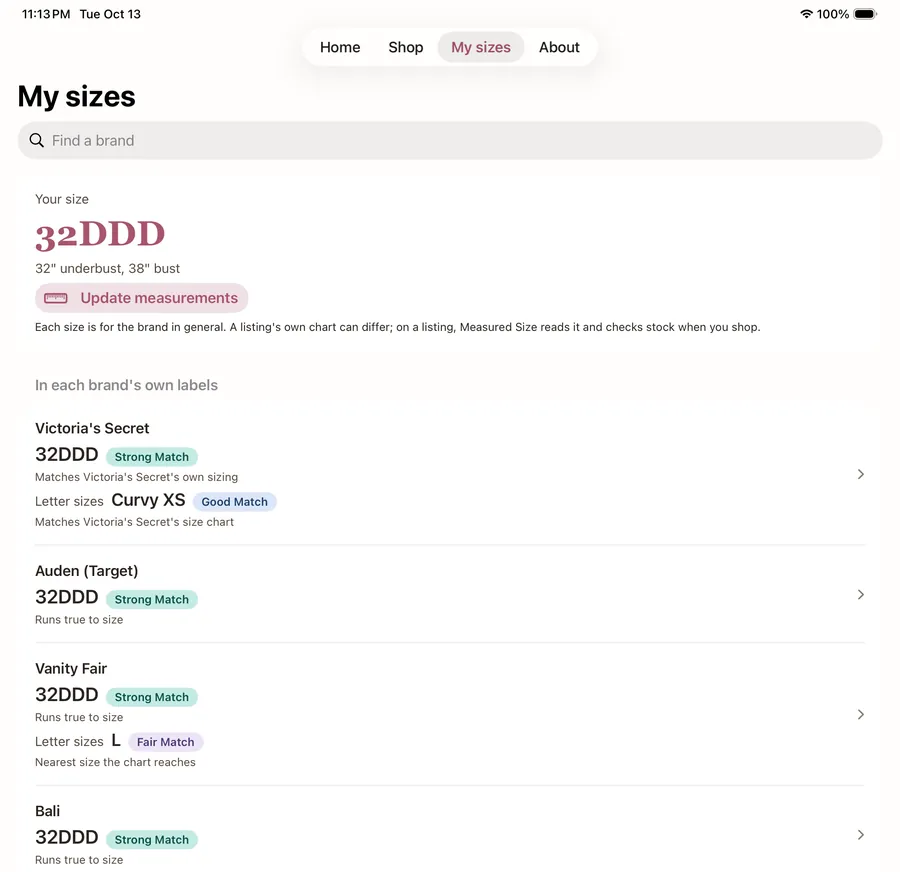 My sizes: "Your size" 32DDD, then brands, each with your size and its rating.