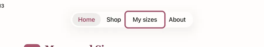 The app's tabs: Home, Shop, My sizes and About. "My sizes" is outlined.