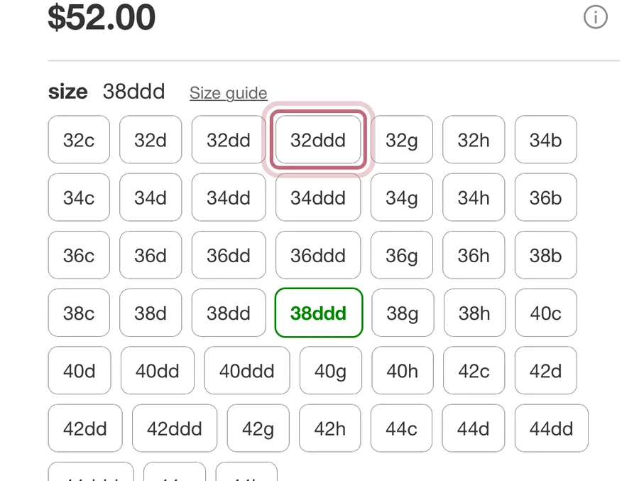 Target's size buttons, with 32ddd outlined by Measured Size.