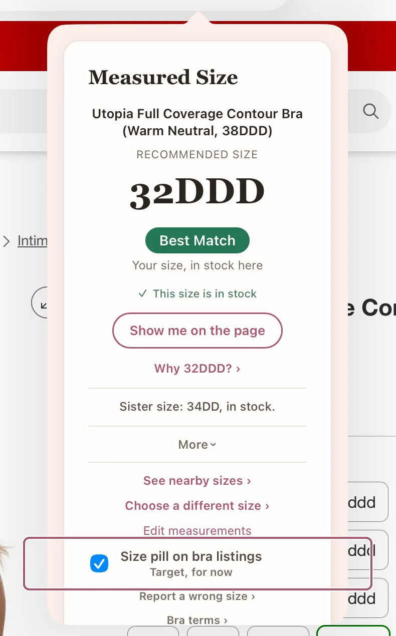 The card with More open. The tick box "Size pill on bra listings", ticked, is outlined.