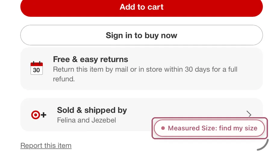 A bra's page at Target in Safari. The pink "Measured Size: find my size" button at the bottom is outlined.