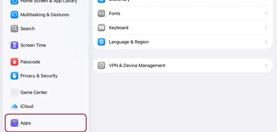 The Settings app. The "Apps" row is outlined.