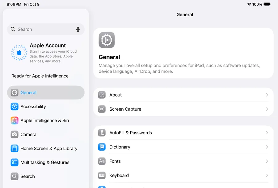 The Settings app on an iPad, open at the top of its list.