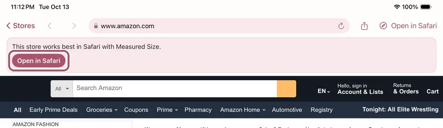 The note "This store works best in Safari with Measured Size." at the top of the Shop tab. Its "Open in Safari" button is outlined.