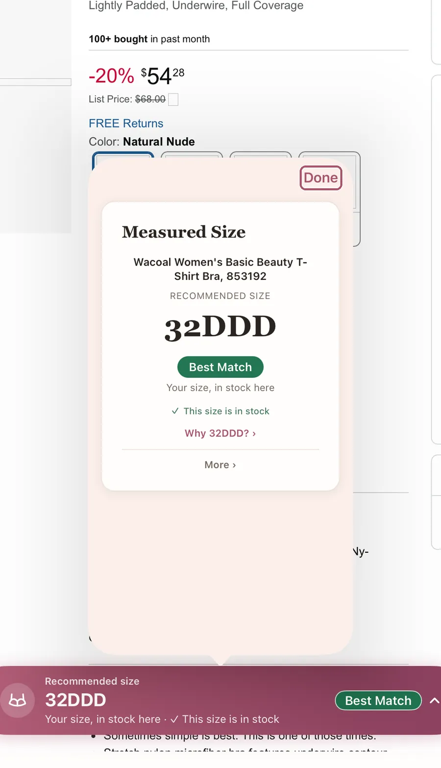 The Measured Size card in the Shop tab: "Recommended size" 32DDD and "Best Match". "Done" is outlined.